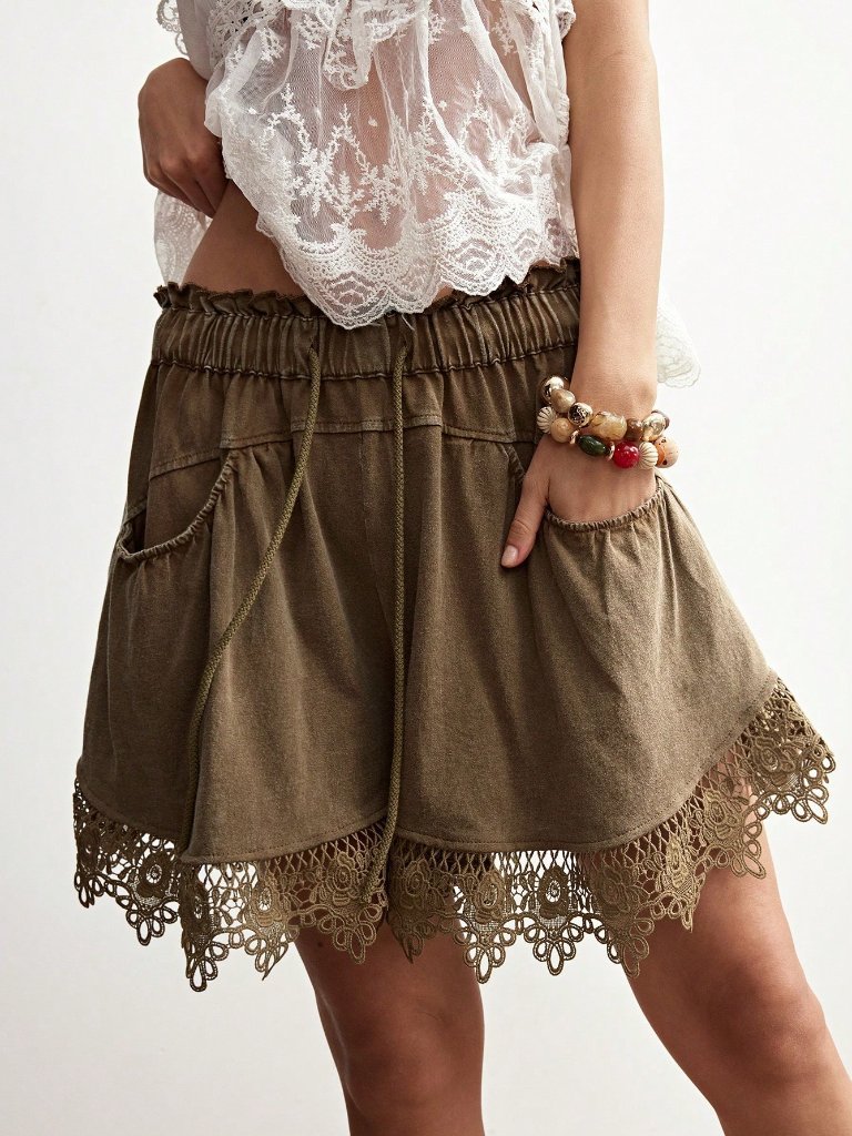 Khaki Casual Women's Knit Contrast Lace Loose Shorts